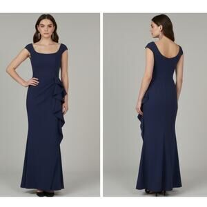 Chiara Boni Navy Ruffle Gown Elegant Evening Dress